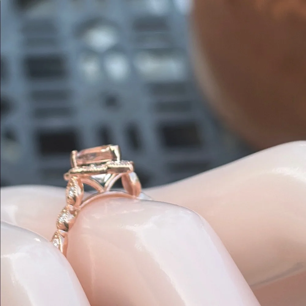 Pear Cut 1.25 tcw Morganite & Diamond Ring 14k Rose GP Sterling Silver Size 7 - Picture 5 of 13